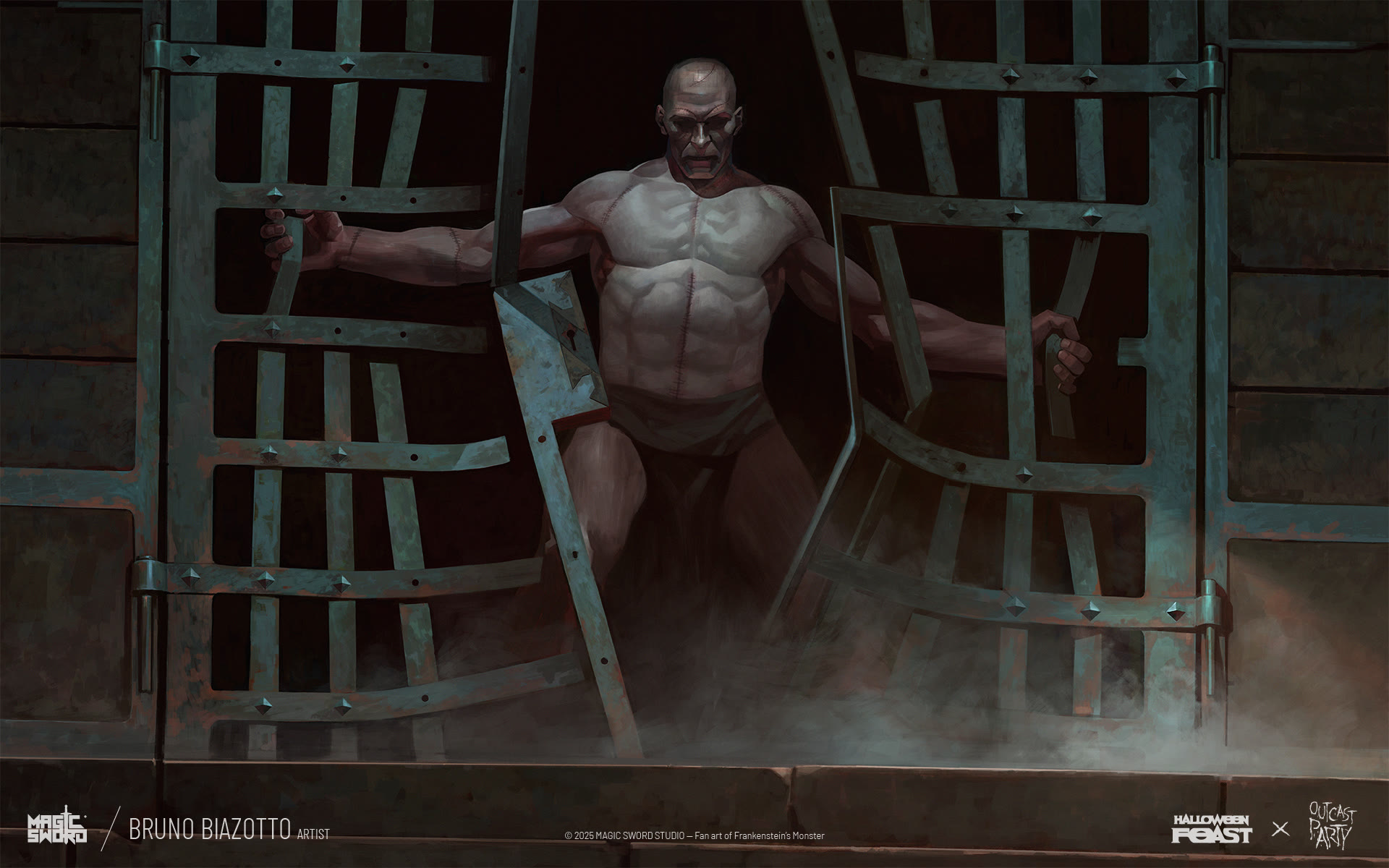 Frankenstein's Monster from Mary Shelley, fan art trading card illustrated by Bruno Biazotto for Halloween Feast 2025: Outcast Party by Magic Sword Studio